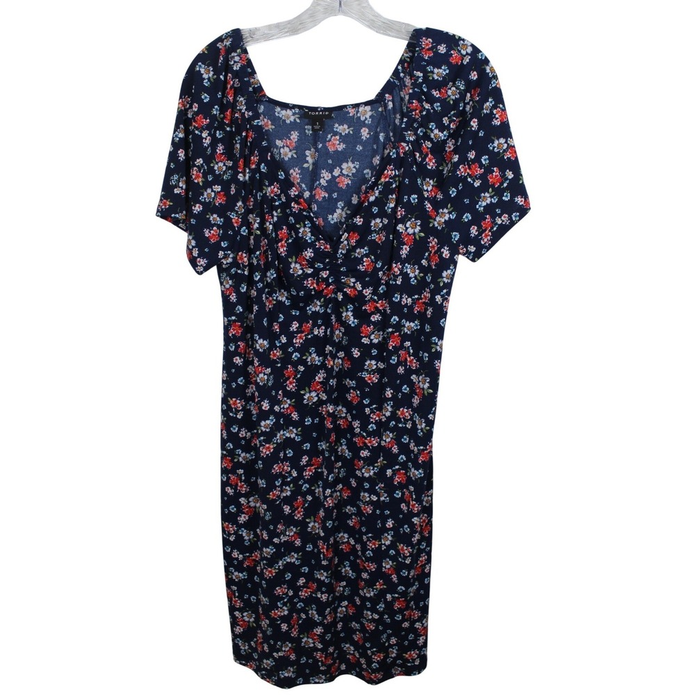 Torrid Navy Blue Floral Ditsy Square Neck Short Sleeve Midi Dress Plus Size 1